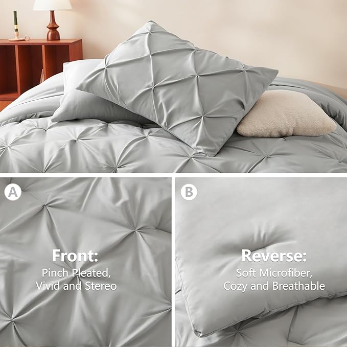 CozyLux King Size Comforter Set Light Grey, 7 Pieces Pintuck Bed in A Bag Gray Comforter King Size, Pinch Pleat Bedding Set with All Season Comforter, Sheets, Pillowcases & Shams