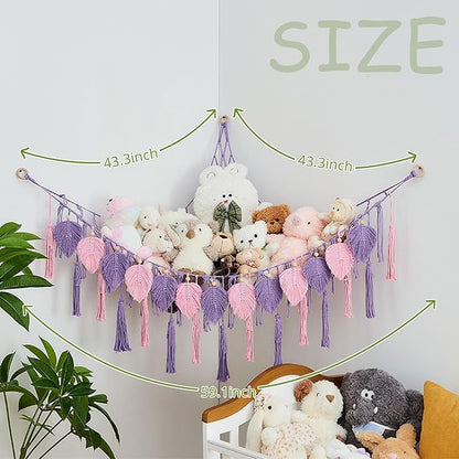 Pretty Jolly Stuffed Animal Storage with Hand Woven Leaf Tassels Hammock Corner Hanging Net Boho Macrame Plush Storage for Kid Room Nursery Decor Wall Display Organizer for Girls Boy Gift(Purple)