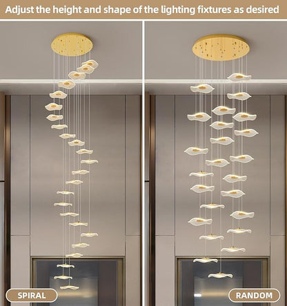ziidoo High Ceiling Chandelier - 24-Light Dimmable Modern Gold Long Spiral Luxury Linear Lotus Leaf Led Lamp Hanging Pendant Lights for Foyer Enterway Staircase Villas