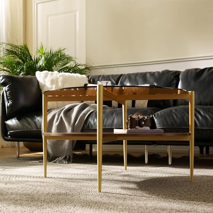 Saint Mossi Glass Round Coffee Table for Living Room, Middle-Century Modern Style, Coffee Brown Glass Top & Walnut Brown MDF Wood Top, with Gold Finish Legs & Frame