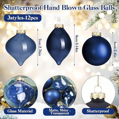 Zomiboo 12 Pcs Navy Blue Glass Christmas Ball Ornaments Set 3.15" Hanging Shatterproof Glass Bulbs for Christmas Tree Baubles Bulk for Holiday Xmas Tree Decorations Gifts