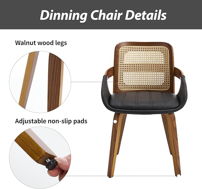 Dining Chairs Set of 2, Mid Century Modern Dining Room Chairs with Arms and Rattan Back PU Leather Upholstered Bentwood Kitchen Chairs for Home Restaurant Office - Black