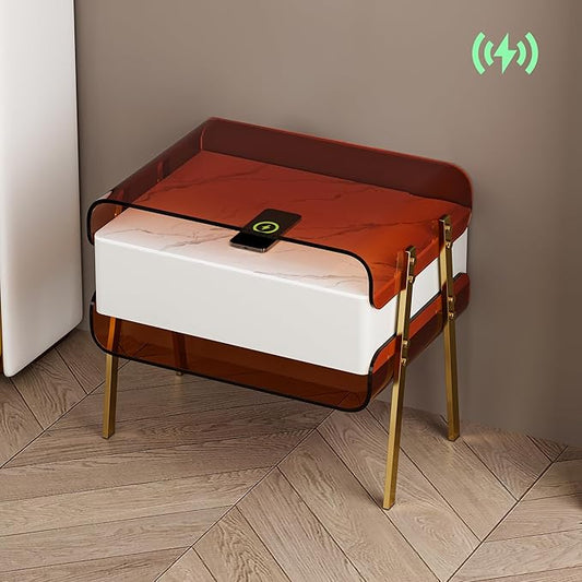 homary Modern Lighted Nightstand with Wireless Charging Station, Acrylic Shelves and Motion Sensor LED – Smart Bedside Table with Leather Drawer and Stainless Steel Legs
