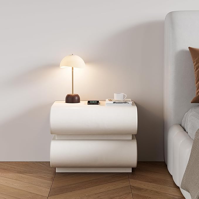homary Smart Nightstand with Wireless Charging, USB & Type-C Ports – Modern White Faux Leather Nightstand with 2 Drawers, Bedside Table with Charging Station for Bedroom Living Room