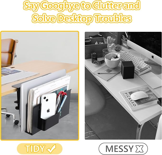 2 TIER Desk Side Storage Upgraded Under Desk Organizer, No Drill Hanging Laptop Holder Under Desk, Clamp-On Table Side Steel Desktop Organization for Office and Home (Black)