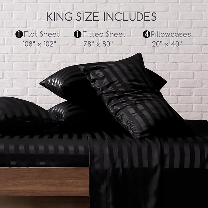 MR&HM Satin Bed Sheets, King Size Sheets Set, 6 Pcs Silky Bedding Set with 15 Inches Deep Pocket for Mattress (King, Black Striped)