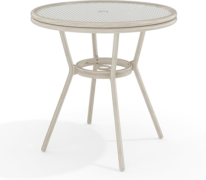Martha Stewart Lily Pond 31” Round Indoor Outdoor Bistro Dining Table with Aluminum Frame in Gray Woodgrain and Rattan Top in White/Gray with Tempered Glass Top