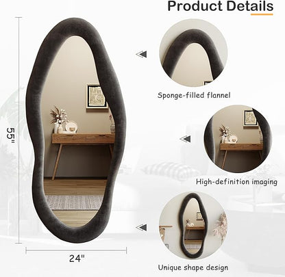 Honyee 55" x 24" Wall Mirror, Flannel Wrapped Wooden Frame Wavy Mirror, Irregular Mirror Hanging for Cloakroom/Bedroom/Living Room, Black