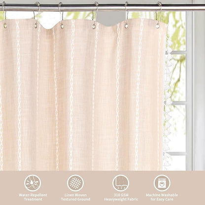 MitoVilla Boho Extra Long Shower Curtain 72 x 84, Beige 84 inch XL Polyester Linen Fabric Shower Curtain Set with Tassel for Vintage Country Farmhouse Bathroom Decor, Thick & Wrinkle Resistant, Cream