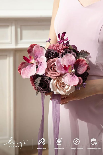 Ling's moment Bridesmaid Bouquet, Plum & Plum Lily Wedding Bouquets for Bridesmaids, Purple 7 Inch Bridal Bouquets for Bridesmaids, Wedding, Ceremony, Anniversary, etc.