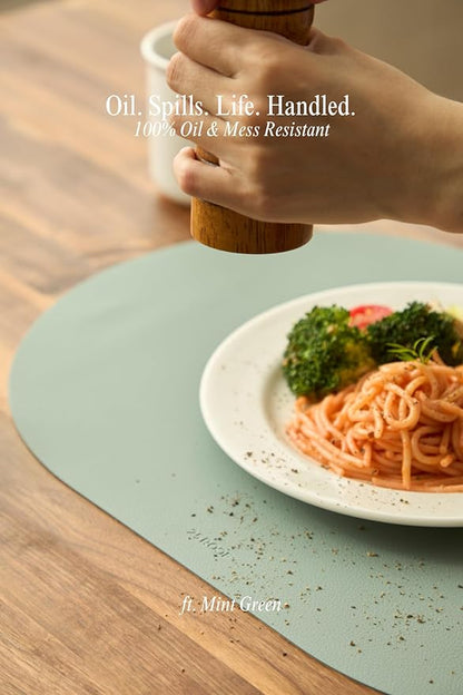 Mint Green Oval Silicone Placemats Set of 4 with Matching Coasters – Heat Resistant, Waterproof, Easy to Clean Non-Slip Modern Dining Table Mats – Premium Leather Textured Japandi Kitchen Décor