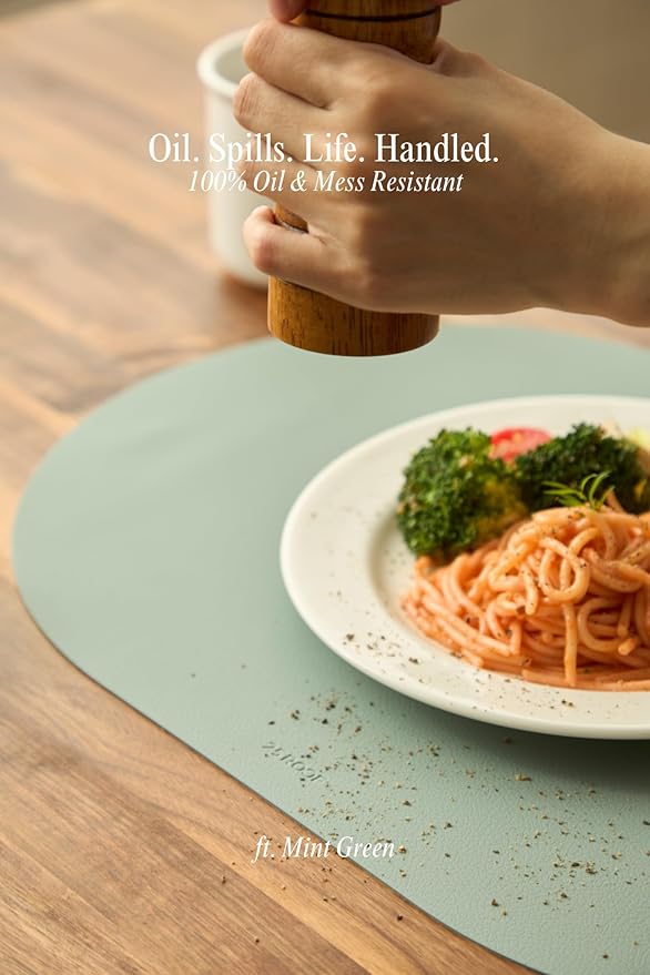 Steel Blue Oval Silicone Placemats Set of 4 – Heat Resistant, Waterproof, Easy to Clean Non-Slip Modern Dining Table Mats – Premium Leather Textured Japandi Kitchen Decor