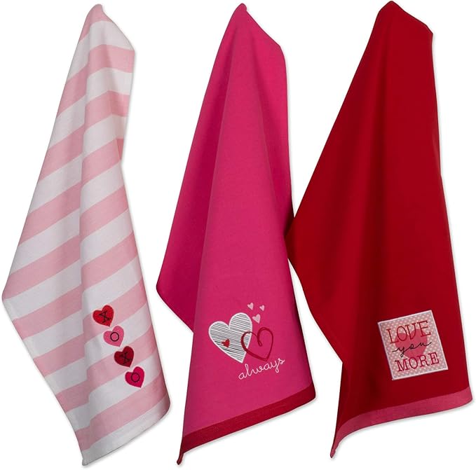DII Valentine Dish Towels Set of 3 Embellished Hearts Decorative Kitchen Towels 18x28