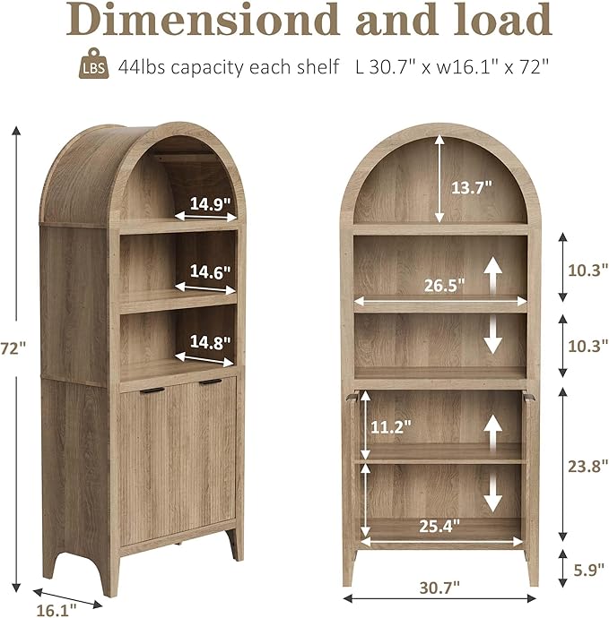 blini Arched Cabinet Bookshelf Oak Arch Bookcase with Doors, Wooden Curved Book Case 5-Tier Tall Round Top Bookshelves for Living Room