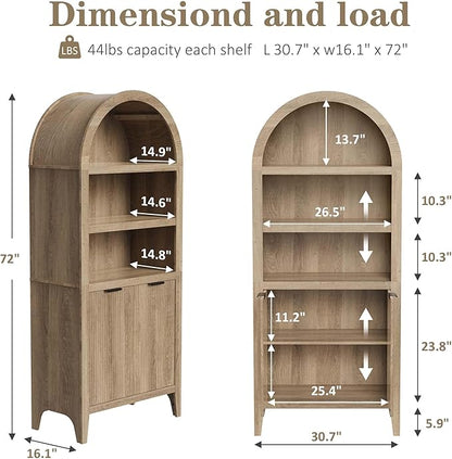 blini Arched Cabinet Bookshelf Oak Arch Bookcase with Doors, Wooden Curved Book Case 5-Tier Tall Round Top Bookshelves for Living Room