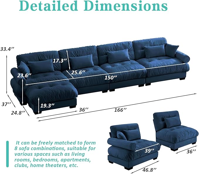 SoarFlash Sectional Couches for Living Room, L Shaped Sofa Couch with Velvet Fabric, 4 Seat Modern Sofa with Ottoman, Removable Pillows for Apartment, Blue