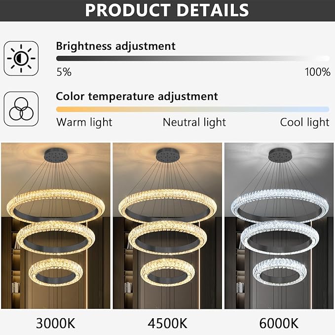 31.5" 3 Ring Crystal Chandelier Modern LED Dimmable Ring Pendant Light Round Chandelier for Dining Room Living Room Black