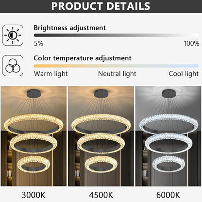 31.5" 3 Ring Crystal Chandelier Modern LED Dimmable Ring Pendant Light Round Chandelier for Dining Room Living Room Black