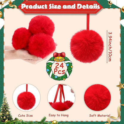 24 Pcs Red Furry Christmas Ball Ornaments for Tree 3.94 Inches Large Pom Pom Ball Christmas Hanging Decoration for Party Supplies Fireplace Mantel Wall Decor