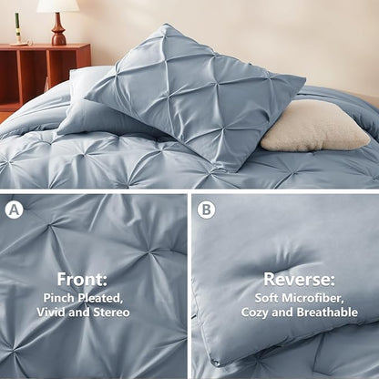 CozyLux Full Size Comforter Sets Grayish Blue, 7 Pieces Pintuck Bed in A Bag Blue Comforter Full Size, Pinch Pleat Bedding Sets with All Season Comforter, Sheets, Pillowcases & Shams
