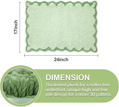 ORTIGIA Small Green Scalloped Bath Mat, Cute Plush Microfiber Scallop Bathroom Rugs Non Slip Washable Quick Dry Absorbent, Bathmat for Shower Stall Vanities Kitchen Floor Entrance, 17x24