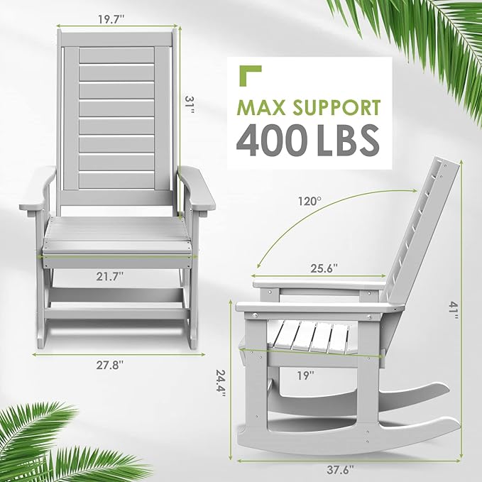 GREENVINES Outdoor Rocking Chair Set | 3-Piece | 2 Rocking Chairs with 1 Side Table | Porch Rocker | HDPE Plastic | White | Patio Furniture Sets | High Back | Big & Tall | Ladder Back