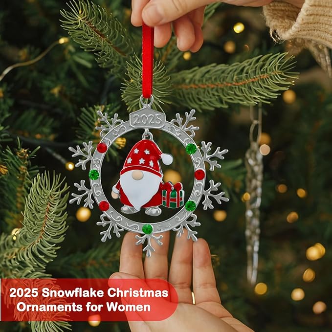 FLYAB 2025 Gnome Christmas Ornaments Xmas Gifts for Women Metal Hanging Ornament for Chirstmas Tree Decorations Snowflake Ornaments for Window Car Stocking Stuffers Birthday Gifts Party Supplies
