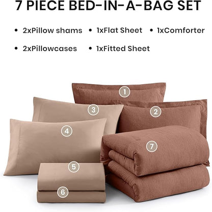 Monbix Queen Comforter Set - 7 Pieces Cationic Dyeing Terracotta Bed in a Bag Queen Bedding Sets with Comforter, Sheets, Pillowcases & Shams, Reversible Bedding Comforters Sets