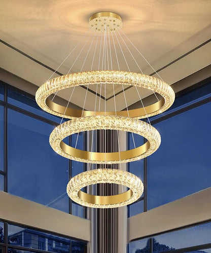31.5" 3 Ring Crystal Chandelier Modern LED Dimmable Ring Pendant Light Round Chandelier for Dining Room Living Room Gold