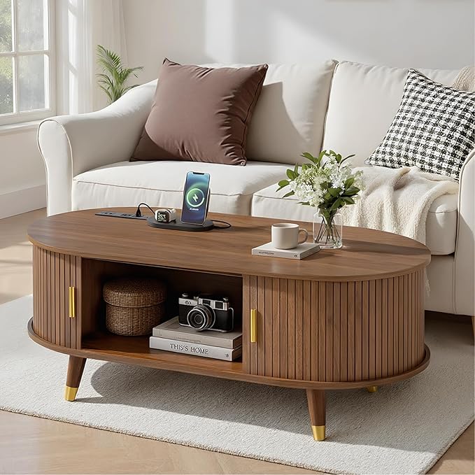 Mid-Century Fluted Oval Coffee Table with 360° Tambour Doors, Hidden Storage, Solid Wood Legs & 2 AC+2 USB Charging Station, Modern Coffee Table for Living Room, Apartment, Walnut