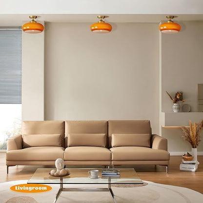Mid Century Modern Gold Semi Flush Mount Ceiling Light Classic Orange Ceiling Lamp Vintage Glass Kitchen Light Fixture for Hallway Entryway Living Room Bathroom