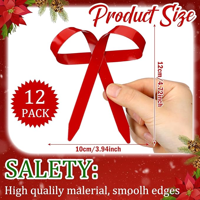 12 Pcs 2025 Metal Christmas Bow Ornaments for Christmas Tree Garland Wreath Bulk Bow with Clip Ornament Vintage Indoor Outdoor Home Xmas Party Decorations, 4 x 5 Inches (Red)