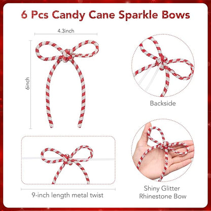 FLAIR GIFTS 6 Pcs 4.3" x 6" 2025 Christmas Bows for Tree Decor, Candy Cane Sparkly Glitter Rhinestone Bow Ornaments with Twist Tie for Xmas Decoration, Wreath, Garland, Gift Wrapping