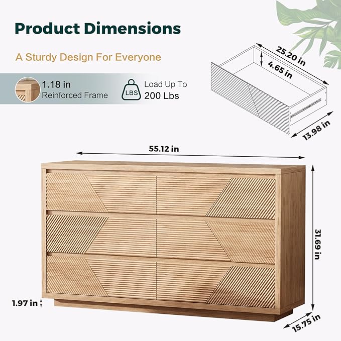 55.12" Modern Chest of Drawer, 6 Deep Drawers,Clothes Organizer,Large Storage Cabinet for Living Room, Bedroom,Dresser TV Stand, Wood Drawer Organizer for Living Room, Hallway, Natural Wood