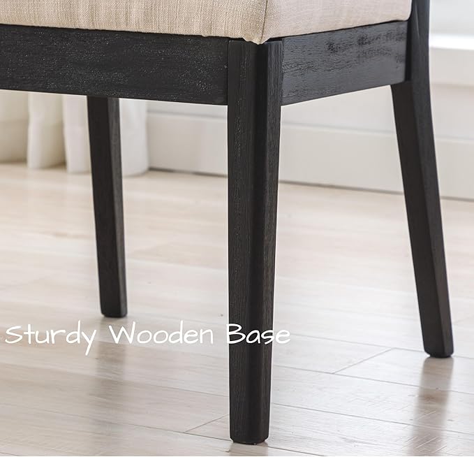 Farmhouse Rattan Dining Chairs Set of 2 Black Wooden Dining Room Chairs Rectangle Cane Country Kitchen Chairs Upholstered Dining Chairs, Cream Linen