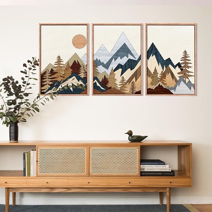 HOURIA Mid Century Mountain Woodland Framed Wall Art Set,Boho Sunrise Pine Tree Wall Decor,Wilderness Nature Forest Artwork,Modern Woodcut Field Art Print for Living Room,Bedroom,Office- 24"x36"x3