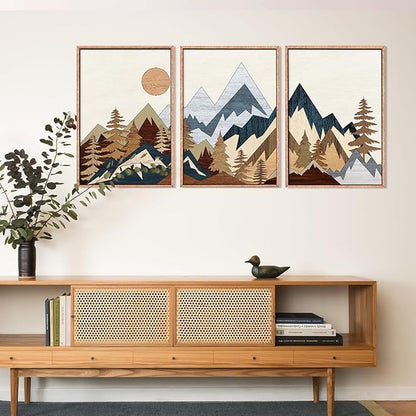 HOURIA Mid Century Mountain Woodland Framed Wall Art Set,Boho Sunrise Pine Tree Wall Decor,Wilderness Nature Forest Artwork,Modern Woodcut Field Art Print for Living Room,Bedroom,Office- 24"x36"x3