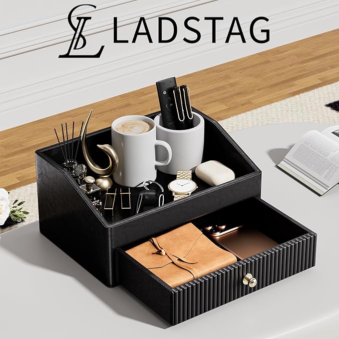 Desk Accessories,Black Vegan Leather Desk Organizers with 1 Draw Remote Control Holder with Gold-Tone Metal Accents Knob for End Tables,Bedside Table,Bedroom