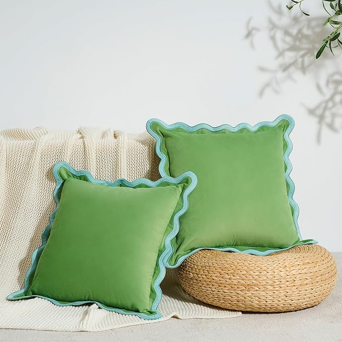 MONDAY MOOSE Decorative Throw Pillow Covers Cushion Cases, Set of 2 Soft Velvet Scalloped Wavy Edge Designs, Pillow Inserts Not Included (Light Blue/Light Green, 16x16 inch)