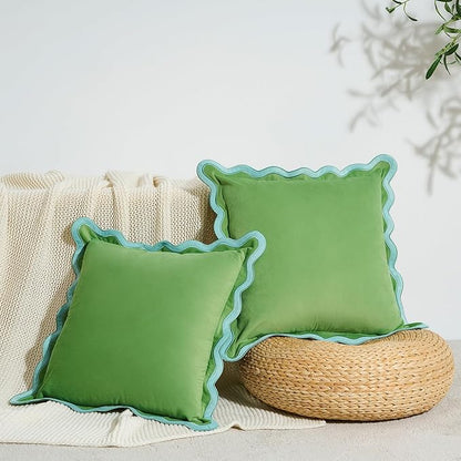 MONDAY MOOSE Decorative Throw Pillow Covers Cushion Cases, Set of 2 Soft Velvet Scalloped Wavy Edge Designs, Pillow Inserts Not Included (Light Blue/Light Green, 16x16 inch)