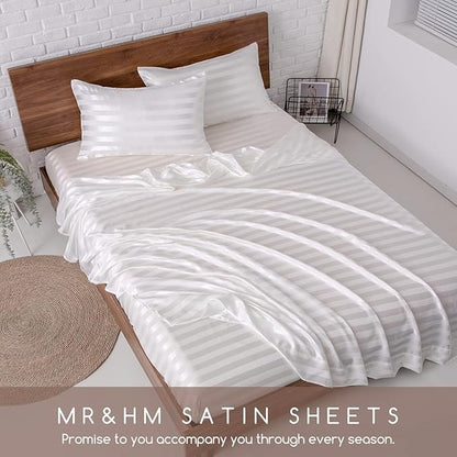 MR&HM Satin Bed Sheets, King Size Sheets Set, 4 Pcs Silky Bedding Set with 15 Inches Deep Pocket for Mattress (King, Ivory Striped)
