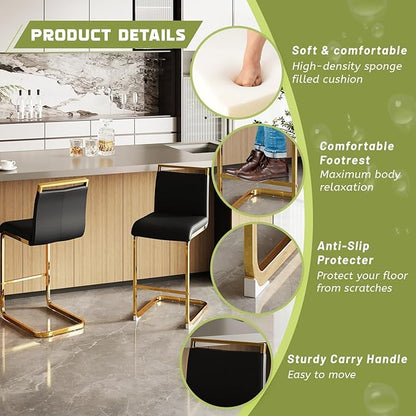 Counter Height Bar Stools Set of 4,Stools for Kitchen Island,25" Black Island Chairs with Gold Chrome Plated Metal Leg,Faux Leather Barstools for Pub Kitchen Counter Dining Chair