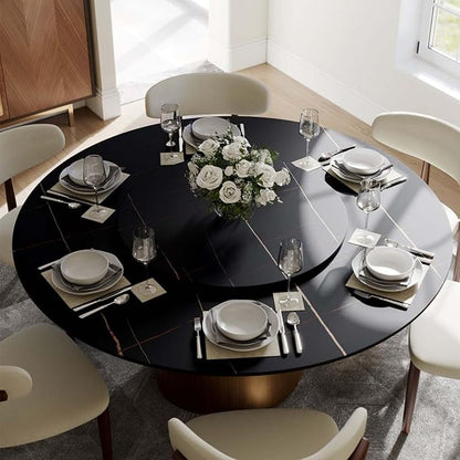 POVISON Round Dining Table with Lazy Susan for 4, 51" Matte Black Sintered Stone Top Dining Table with Bronze Carbon Steel Pedestal, Modern Dining Room Table for Kitchen, Living Room (Table Only)