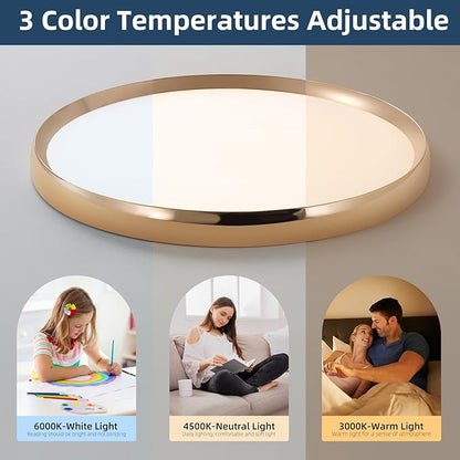 Dimmable LED Flush Mount Ceiling Light, 19inch Gold Bedroom Ceiling Lamp, Ultra-Slim, 40W, 3000K-6000K Adjustable, Modern Kitchen Lighting Fixture for Living Room, Bathroom, Office, Study
