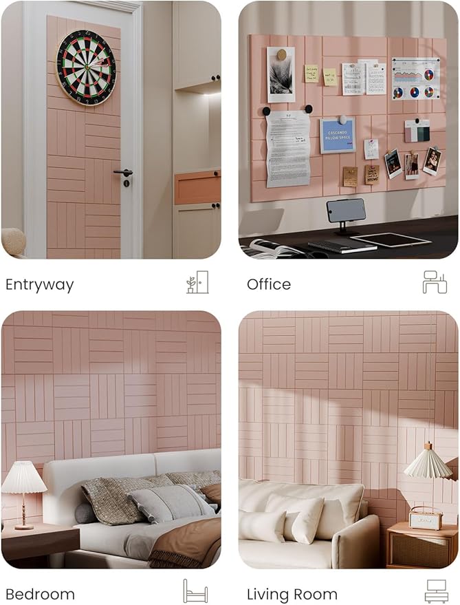 Bumusty Large Cork Board Alternative-36 x24 Felt Bulletin Board Tiles, with 30 Pushpins, 40 Adhesive Tabs, 6-Pack Slat Wall Paneling, Cork Boards for Office Push Pin Board Felt Board-Pink