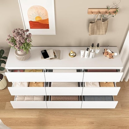 9 Drawers Dresser,Modern Large Wood Dresser,Chest of Drawers for Bedroom, Living Room,Hallway,Entryway,TV Stand Drawer Organizer(White)