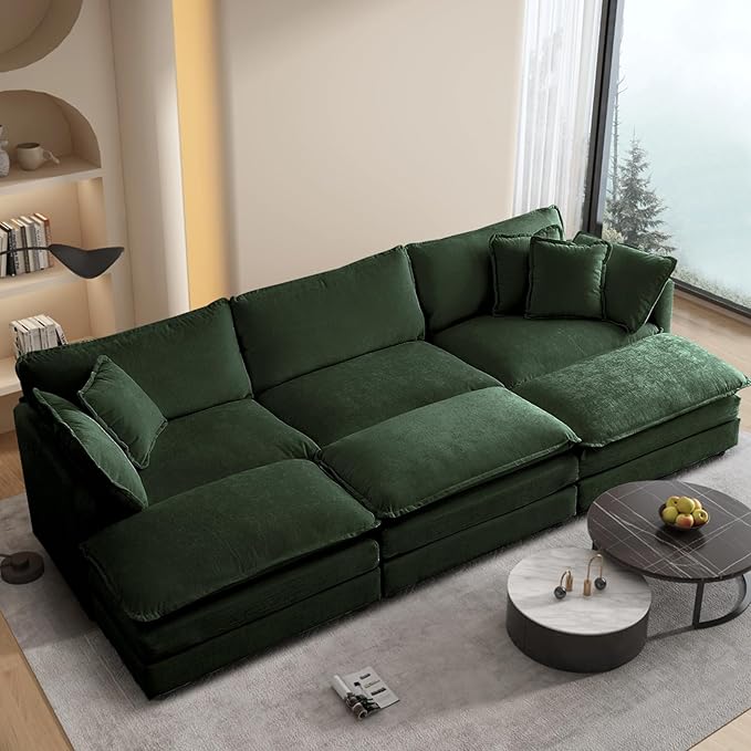SoarFlash Chenille Sectional Sofa, Comfy Modular Coush Sofa with Ottoman, Modern 3 Seat Recliner Deep Seat Sofa Set for Living Room,Green