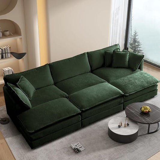 SoarFlash Chenille Sectional Sofa, Comfy Modular Coush Sofa with Ottoman, Modern 3 Seat Recliner Deep Seat Sofa Set for Living Room,Green