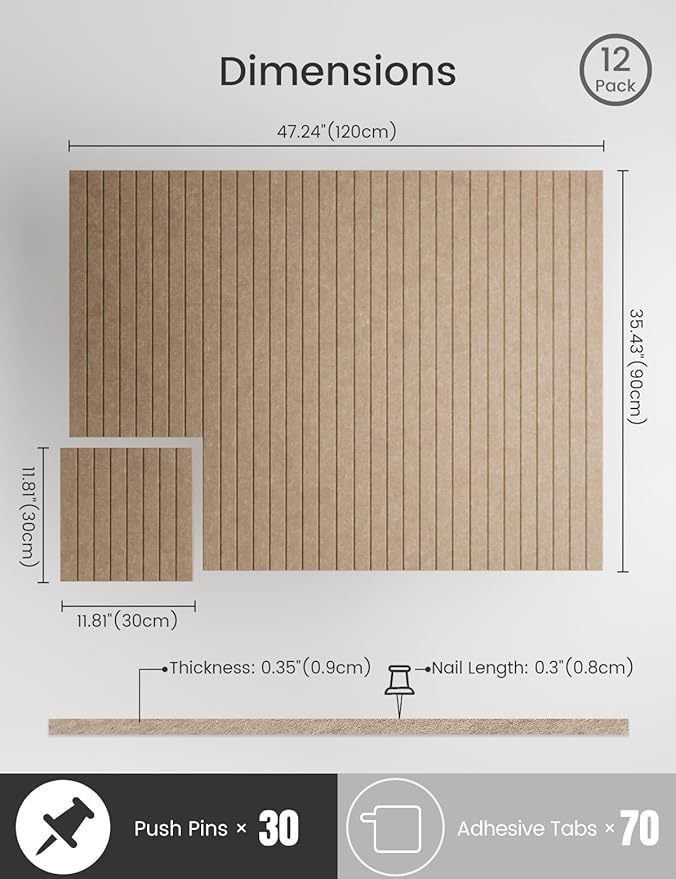 Bumusty Large Cork Board Alternative-47 x35 Felt Bulletin Board Tiles, with 30 Pushpins, 70 Adhesive Tabs, 12-Pack Slat Wall Paneling, Cork Boards for Office Push Pin Board Felt Board-Dark Camel