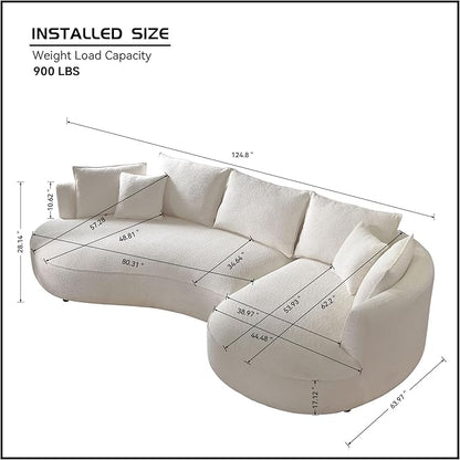 125'' Modern Curved Cloud Sofa Luxury Living Room 5 Seater Combo Sofa Cloud Curve Design Mid Century Upholstered Sofa with Ottoman for Living Room Bedroom Apartment Office(Boucle+Right Facing, Beige)